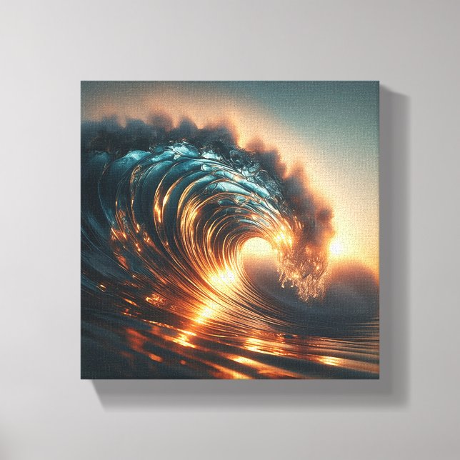 Majestic Golden Sunset Wave - Dramatic Ocean Power Canvas Print (Front)