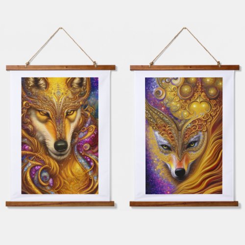 Majestic Golden Wolf Pair Fantasy AI Art Print Hanging Tapestry