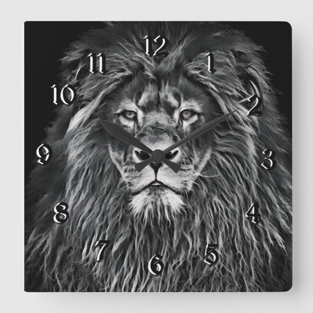 Majestic Gray Lion Square Wall Clock (Front)
