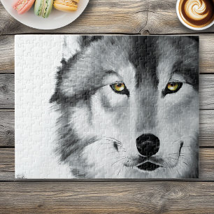 Majestic Gray Wolf Portrait Golden Eyes Wildlife Jigsaw Puzzle