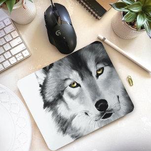 Majestic Gray Wolf Portrait Golden Eyes Wildlife Mouse Pad