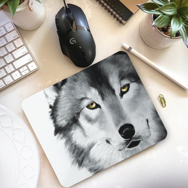 Majestic Gray Wolf Portrait Golden Eyes Wildlife Mouse Pad (Creator Uploaded)