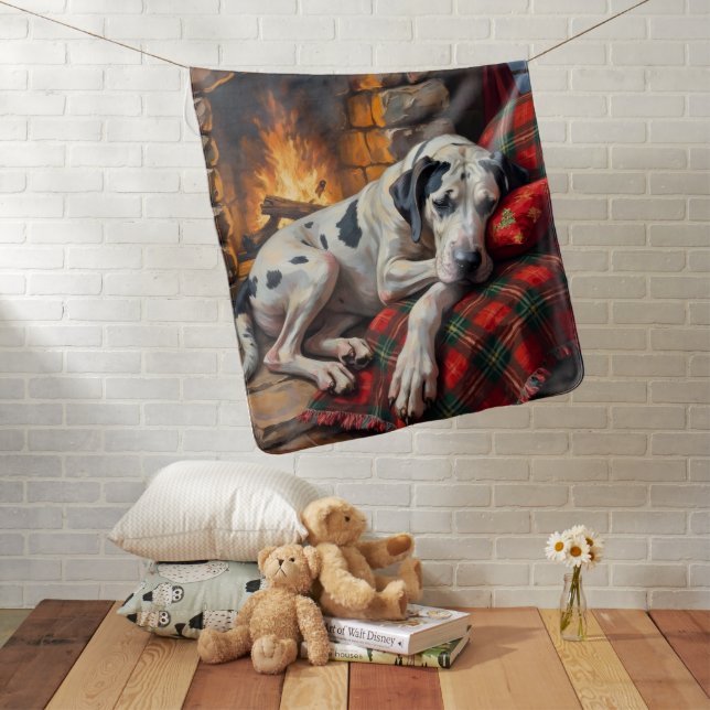 Majestic Great Dane Asleep by Fireplace Cozy Baby Blanket (In Situ)