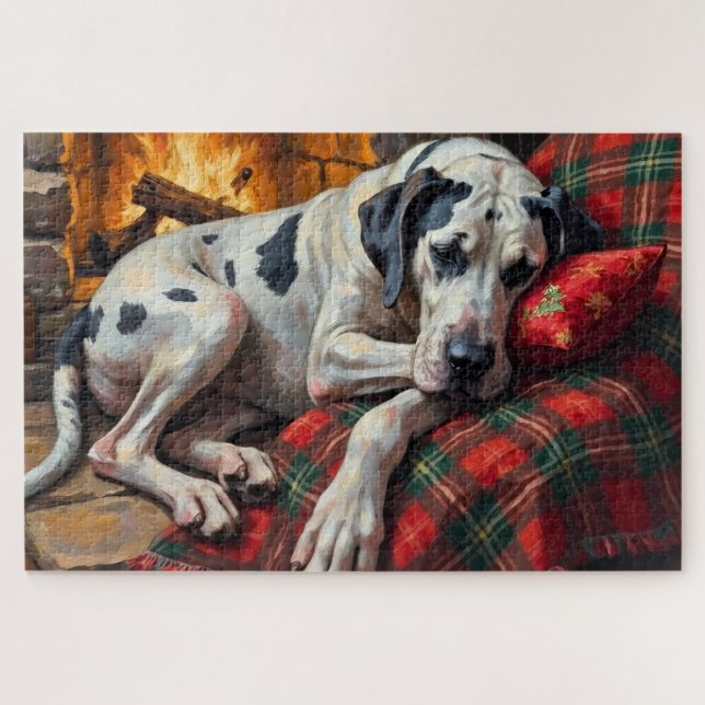 Majestic Great Dane Asleep by Fireplace Cozy Jigsaw Puzzle (Horizontal)