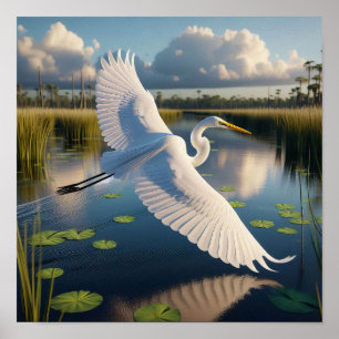 Majestic Great Egret in Tranquil Wetlands Poster