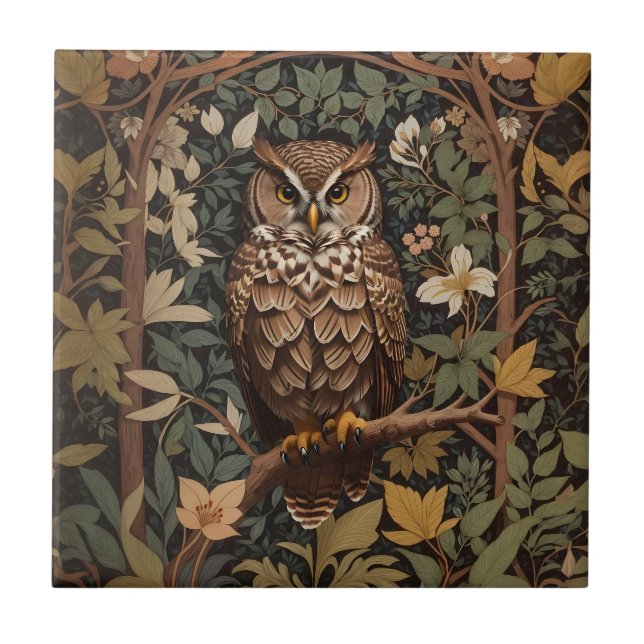 Majestic Great Horned Owl Forest Ceramic Tile (Front)