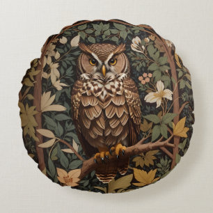 Majestic Great Horned Owl Forest Round Pillow