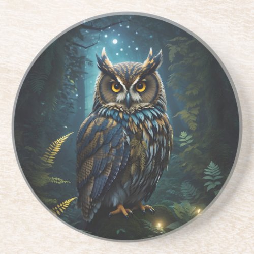 Majestic Great Horned Owl Glowing Night Scene Coaster