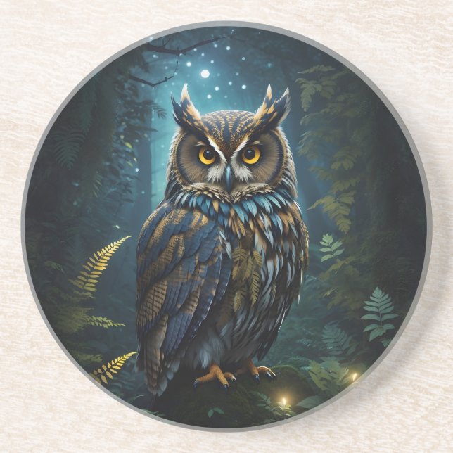 Majestic Great Horned Owl Glowing Night Scene Coaster (Front)