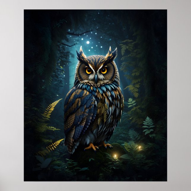 Majestic Great Horned Owl Glowing Night Scene Poster (Front)