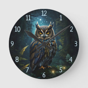 Majestic Great Horned Owl Glowing Night Scene Round Clock