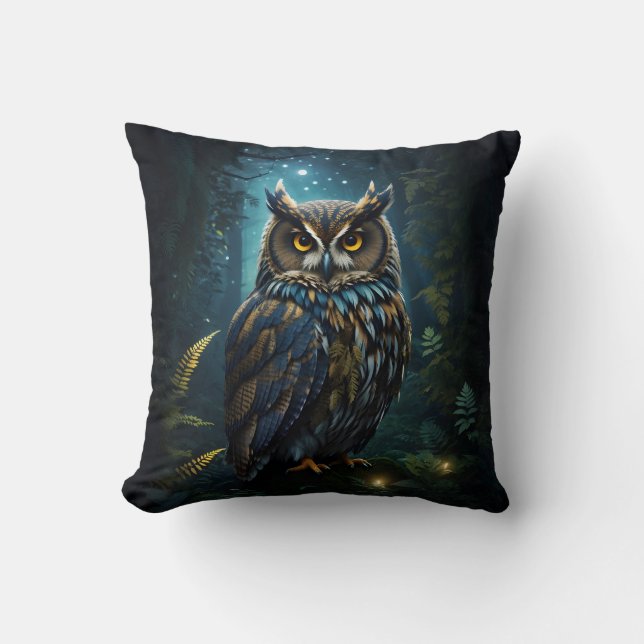 Majestic Great Horned Owl Glowing Night Scene Throw Pillow (Front)
