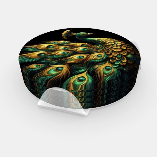 Majestic Green and Gold Peacock Coaster Set
