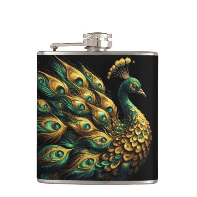 Majestic Green and Gold Peacock Flask (Front)