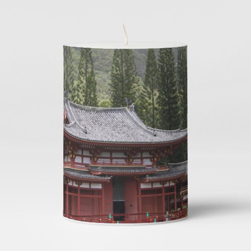 Majestic Green Mountains with Beautiful Red Temple Pillar Candle