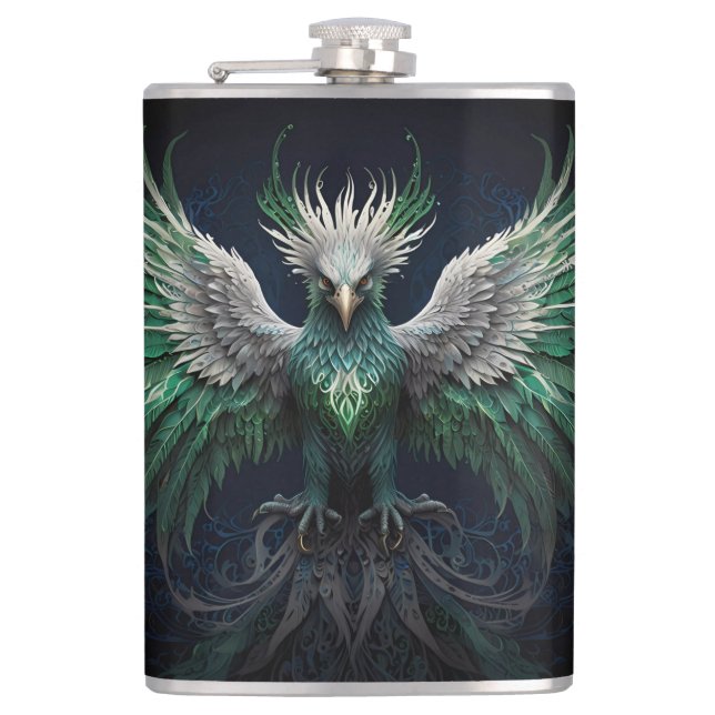 Majestic Green & White Phoenix Bird  Flask (Front)