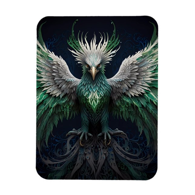 Majestic Green & White Phoenix Bird Magnet (Vertical)