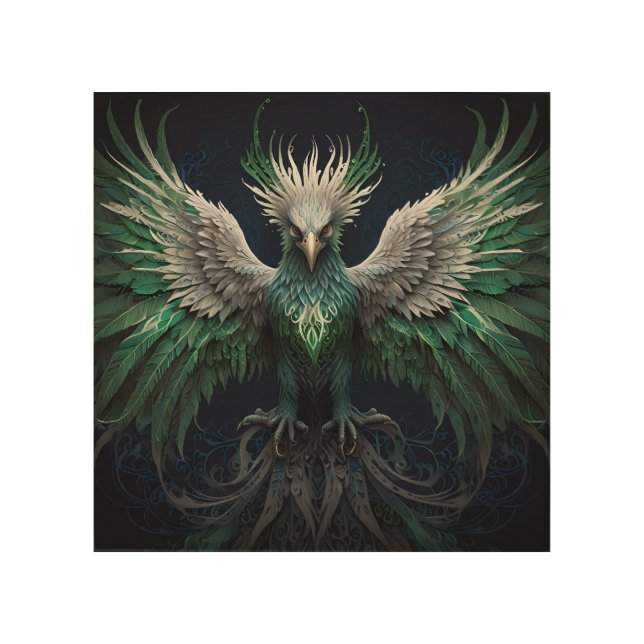 Majestic Green & White Phoenix Bird Wood Wall Art (Front)