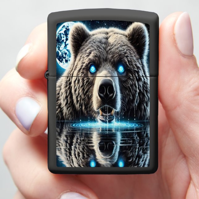 Majestic Grizzly Bear And Moonlit Lake Zippo Lighter (In Hand)