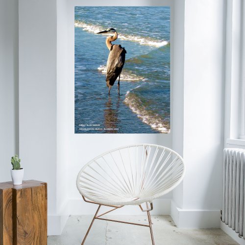 Majestic Heron Bird Beach Blue Waves Photograph Poster