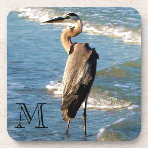 Majestic Heron Bird Beach Monogram  Beverage Coaster