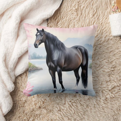 Majestic horse and beauty of lotus throw pillow
