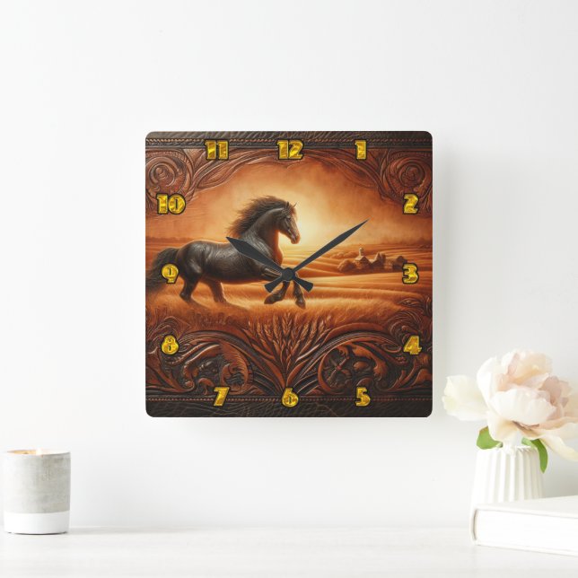 Majestic Horse Galloping Through Golden Fields Square Wall Clock (Home)