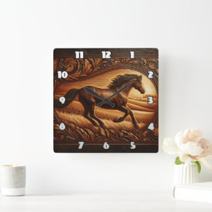 Majestic Horse Galloping Through Golden Fields Square Wall Clock
