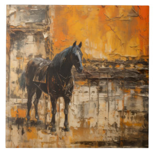 Majestic Horse in Abstract Sunset Ceramic Tile