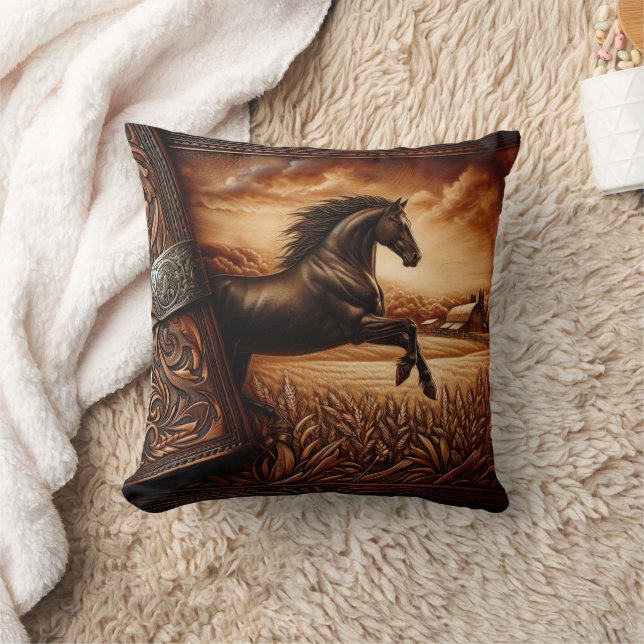 Majestic Horse Running Through Field at Dusk Throw Pillow (Blanket)