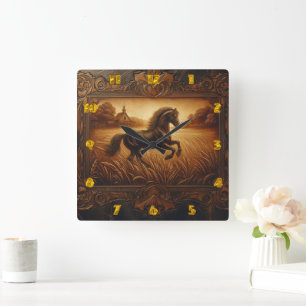 Majestic Horse Running Through Golden Fields Square Wall Clock