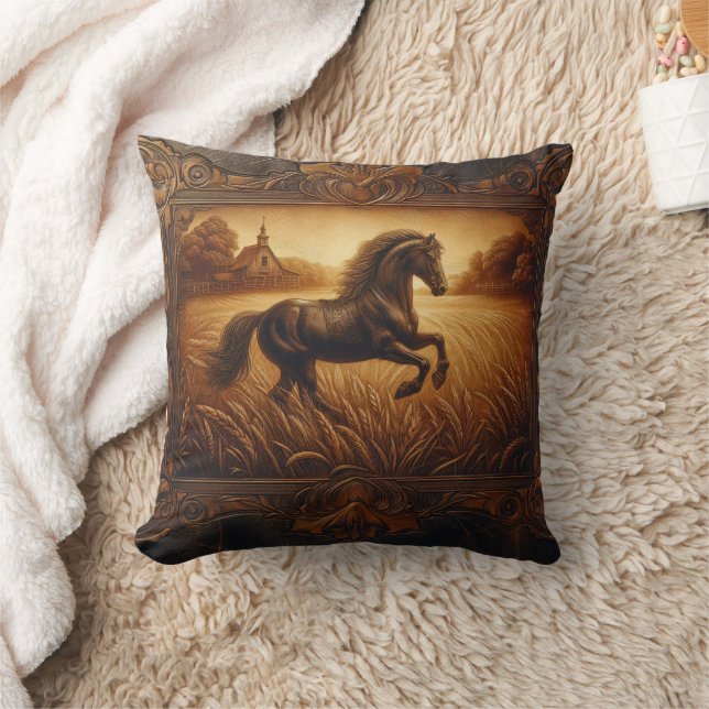 Majestic Horse Running Through Golden Fields Throw Pillow (Blanket)