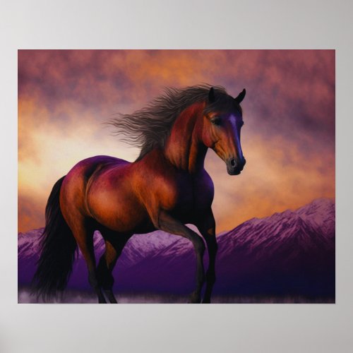 Majestic Horse Stallion Animal Mountain Sunset Poster