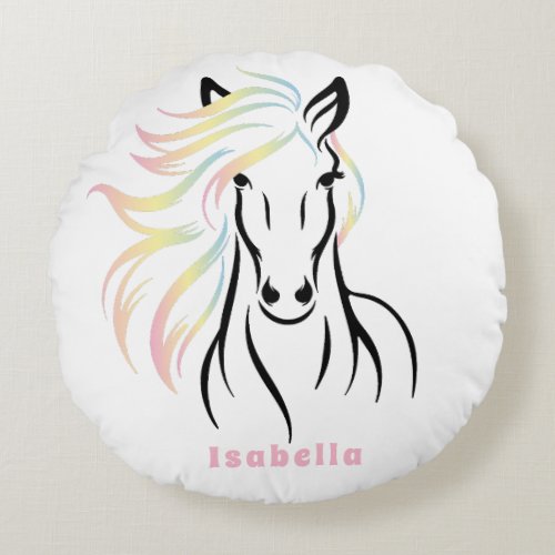 Majestic Horse with Colorful Flowing Mane Round Pillow