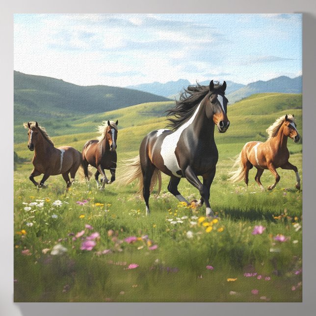 Majestic Horses Running Free – Meadow & Hills Land Canvas Photo Tile (Front Set)