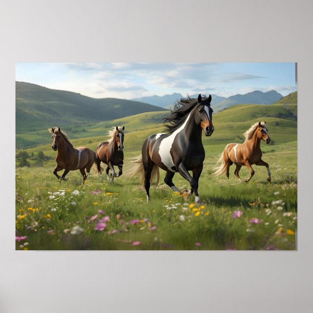 Majestic Horses Running Free – Meadow & Hills Land Poster (Front)