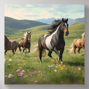 Majestic Horses Running Free – Meadow & Hills Land Wood Photo Tile