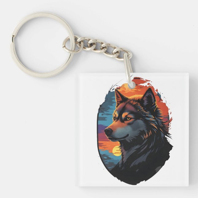 Majestic Husky Against a Sunset Sky Serenity View Keychain (Front)