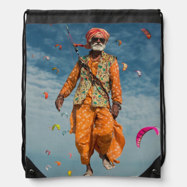 Majestic Indian Elder Kite Flying on the Beach Drawstring Bag (Front)