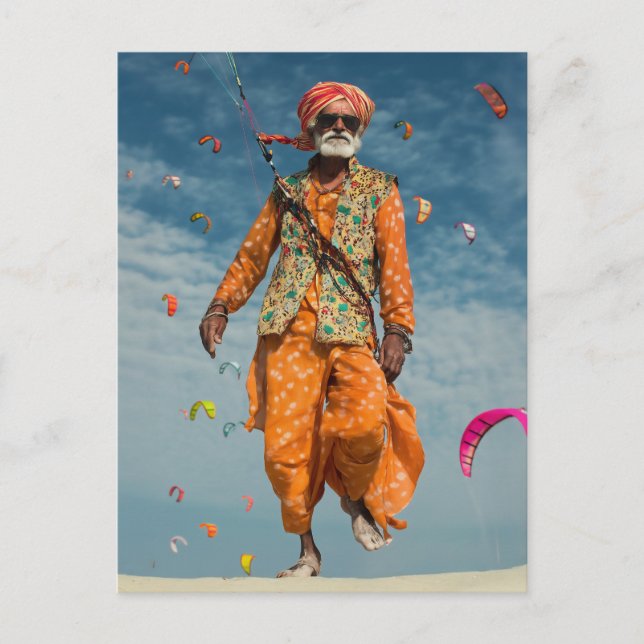 Majestic Indian Elder Kite Flying on the Beach Postcard (Front)