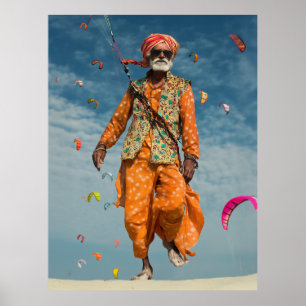 Majestic Indian Elder Kite Flying on the Beach Poster