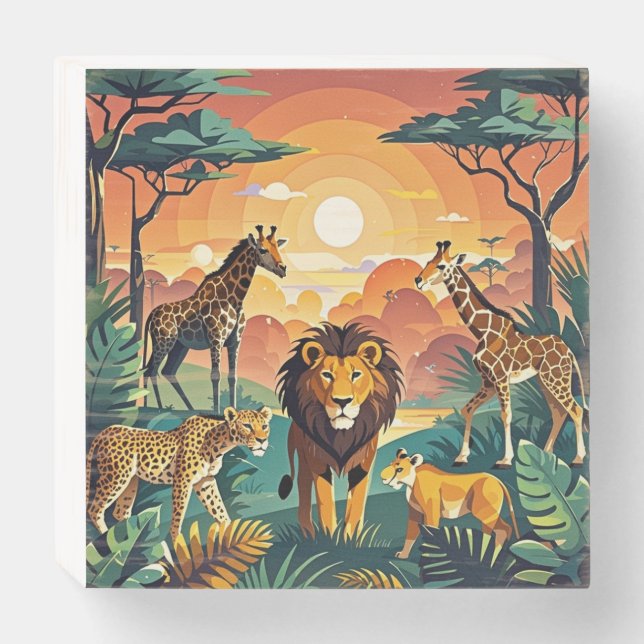 Majestic Jungle Scene - Lion & Wildlife Art Wooden Box Sign (Front Horizontal)