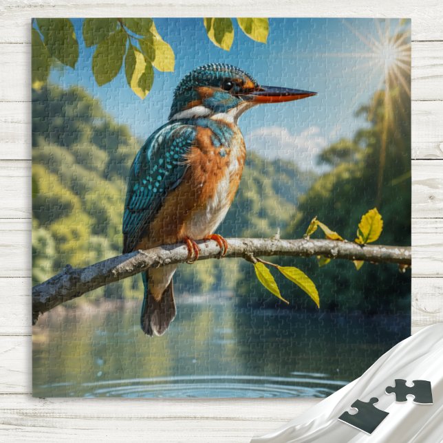 Majestic Kingfisher, Wild Bird by River in Nature Jigsaw Puzzle (A jigsaw puzzle with picture of a majestic kingfisher sitting on a branch by the river)