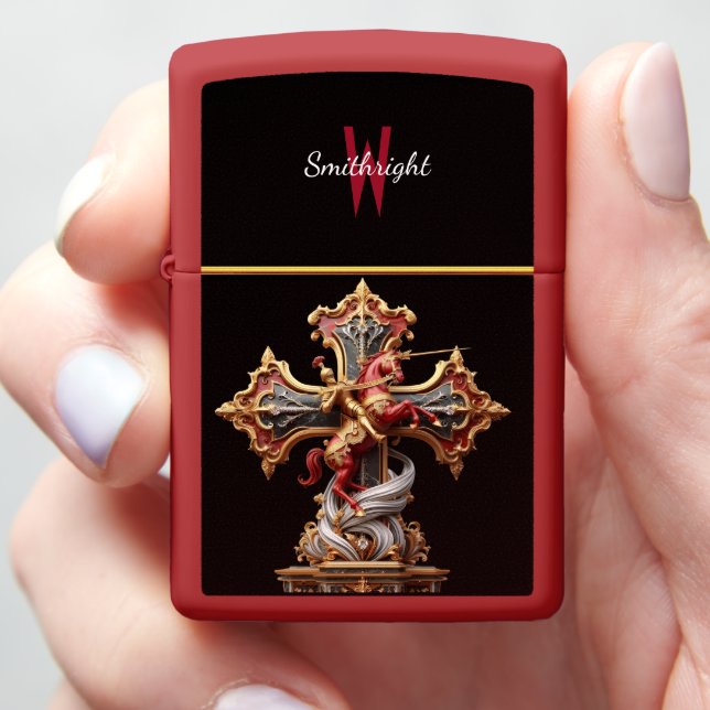 Majestic Knight Riding Horse on Cross Zippo Lighter (In Hand)