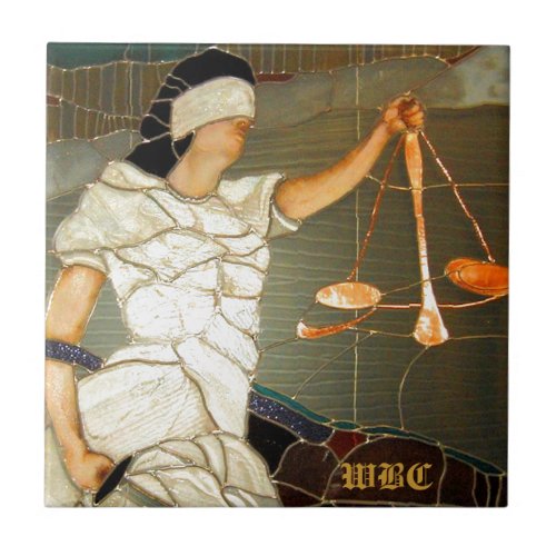 Majestic Lady Justice in Stained Glass Design Ceramic Tile