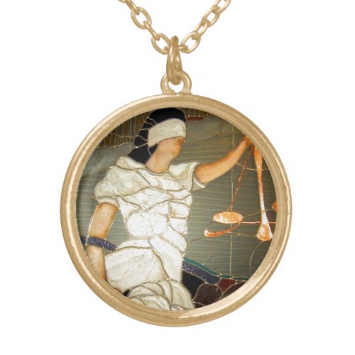 Majestic Lady Justice in Stained Glass Design Gold Plated Necklace