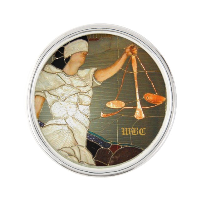Majestic Lady Justice in Stained Glass Design Lapel Pin (Front)