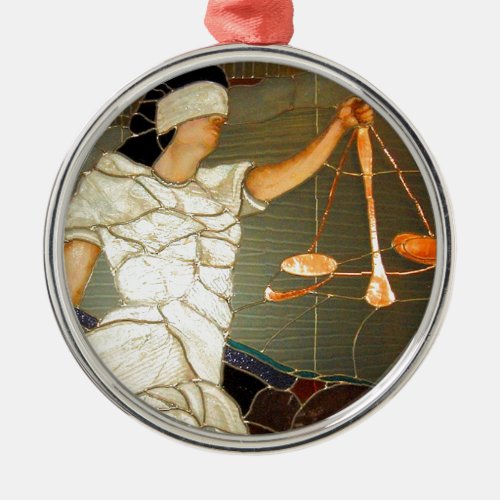 Majestic Lady Justice in Stained Glass Design Metal Ornament