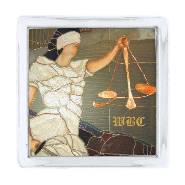 Majestic Lady Justice in Stained Glass Design Silver Finish Lapel Pin (Front)