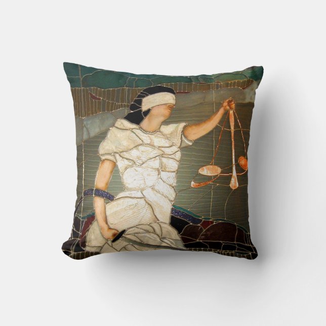 Majestic Lady Justice in Stained Glass Design Throw Pillow (Front)